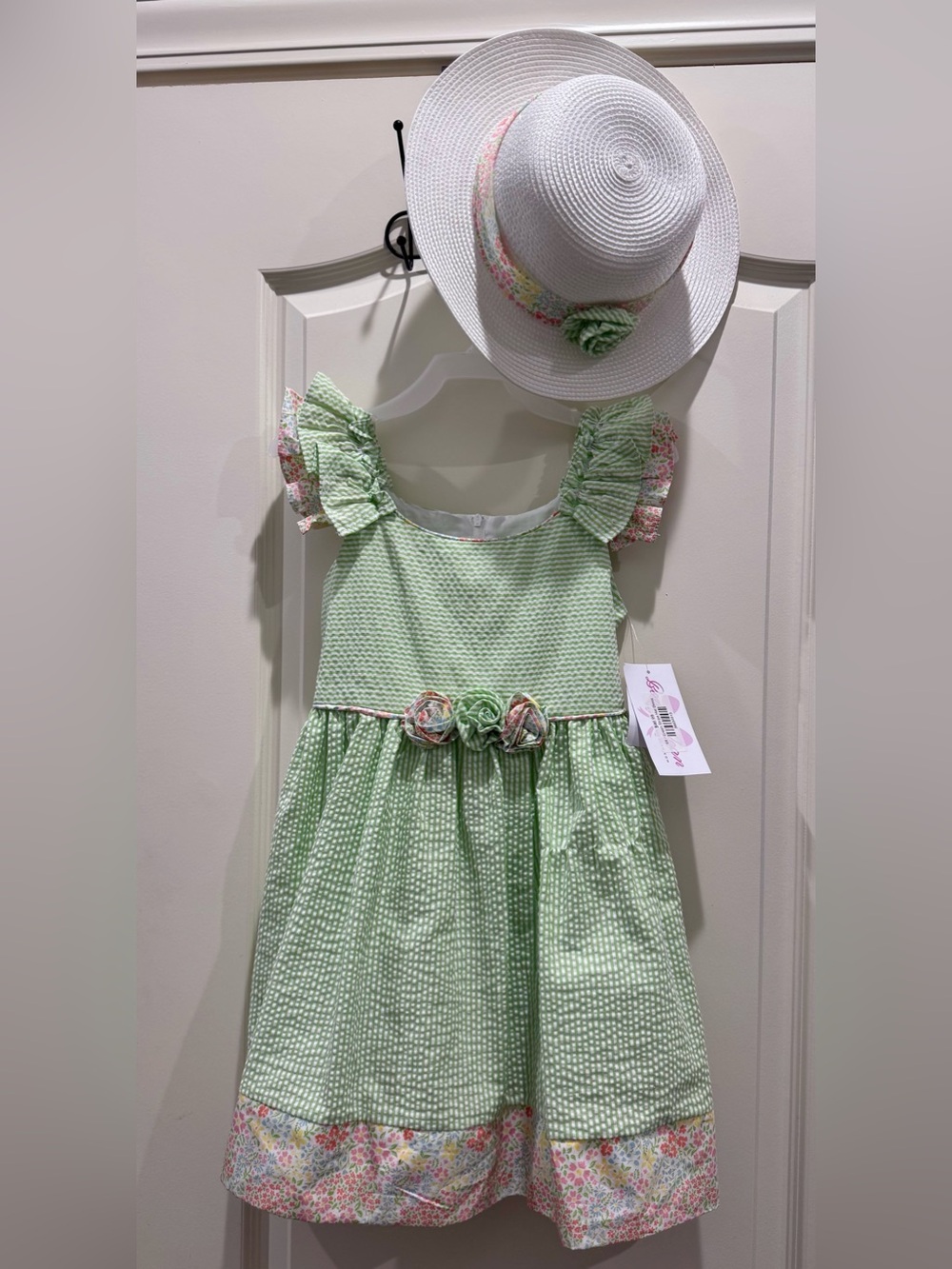 Bonnie Jean Light Green Seersucker Dress with Floral Trim and Matching Hat